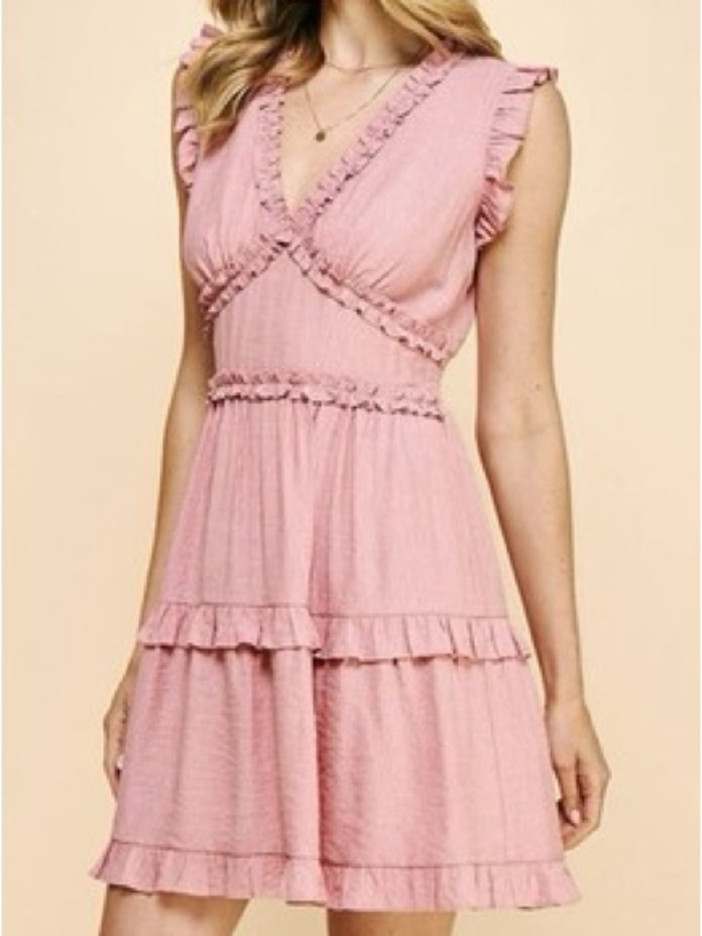 PINCH “Dusty Pink” V Neck Ruffled Tiered Mini Dress Size Medium